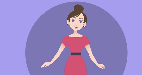 Image of caucasian businesswoman making presentation on purple background