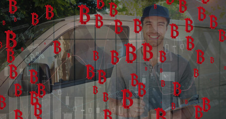 Image of bitcoin icons over delivery man next to a car