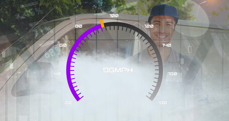 Image of speedometer over delivery man next to a car