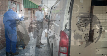 Image of world map over delivery man next to a car