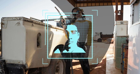 Image of digital interface over women refueling car