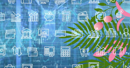 Image of falling icons and leaves over data processing