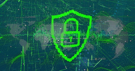 Image of data processing and padlock over dark background