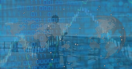 Walking silhouette wearing business attire through office, with digital world map graphics