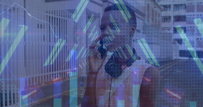 Image of digital data processing over african american woman using smartphone