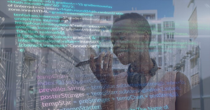 Image of digital data processing over african american woman using smartphone