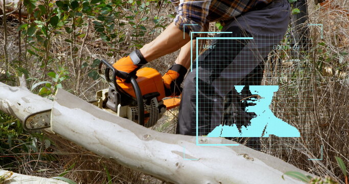 Image of digital interface over lumberjack - Powered by Adobe