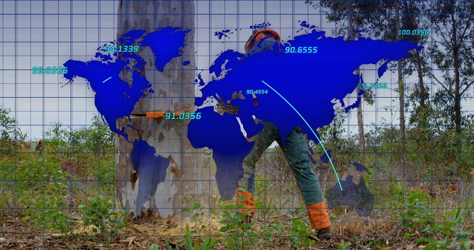 Image of world map over lumberjack