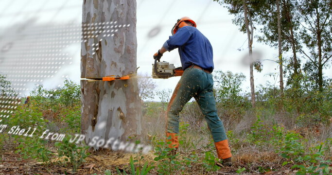 Image of digital interface over lumberjack - Powered by Adobe