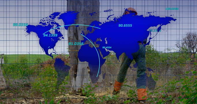 Image of world map over lumberjack