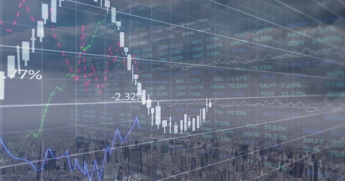 Displaying digital trading data overlay at city skyline, with candlestick bars, percentage markers