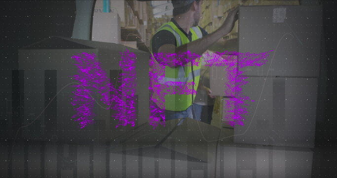 Image of nft text over delivery man next to a car - Powered by Adobe