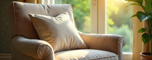 Soft, plush cushion resting on a cozy armchair in a sunlit living room, adding a touch of comfort and style to the home interior , window light, cozy