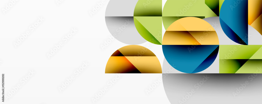 Poster Abstract geometric shapes overlap, creating colorful composition. Modern design utilizes gradients, shadows, white space.