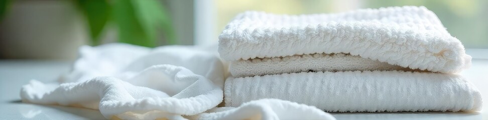 Sparkling clean laundry fresh from the dryer, neatly folded and ready to be put away Soft fabrics, bright whites, and a sense of freshness and purity , dryer, clean clothes
