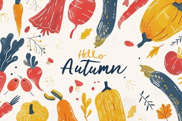 Illustration with text "Hello Autumn" surrounded by images of pumpkins, carrots, eggplants, beets, leaves, and other plants.