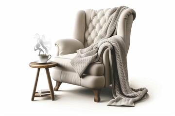 An armchair with blanket, table with beverage, and books are presented against a bright white background.