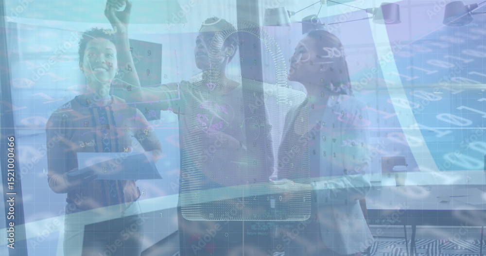 Poster image of digital padlock and binary code over diverse coworkers in office