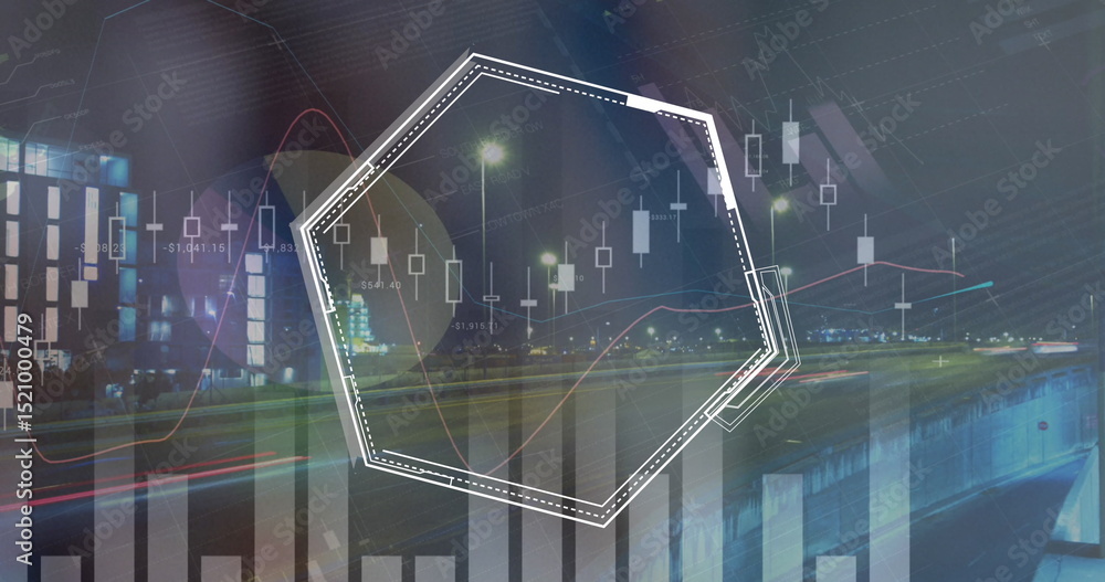 Canvas Prints image of graphs and hexagons over timelapse with night road traffic