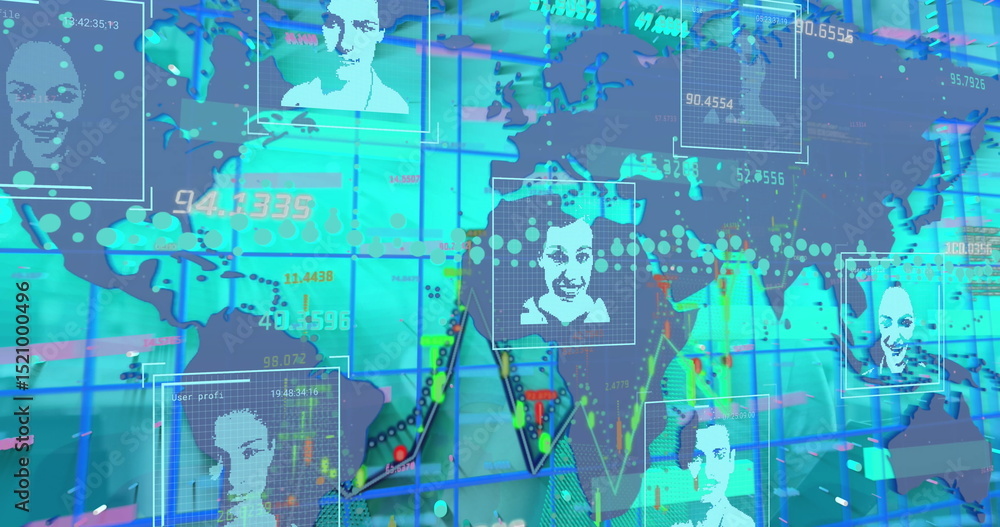 Poster image of statistics and data processing over globe and world map