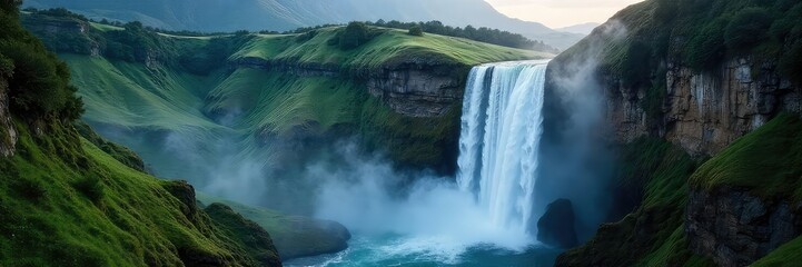 Stunning cascading waterfall plunging into a misty canyon, surrounded by lush greenery and towering rock formations Perfect for nature, travel, and adventure themes , river, peaceful