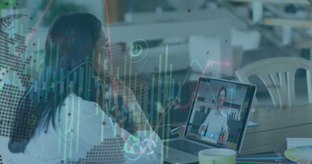 Image of data processing and globe over businesswoman using laptop