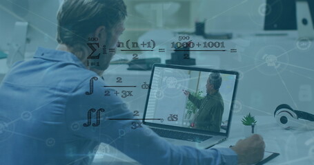 Image of mathematical equations over caucasian businessman using laptop