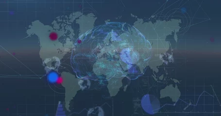 Selbstklebende Fototapeten Image of red and blue dots over icons, brain and world map © vectorfusionart