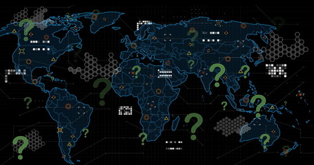 Image of question marks over world map and icons on black background