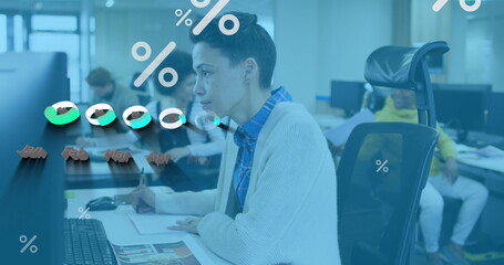 Image of percents and graphs over caucasian woman in office
