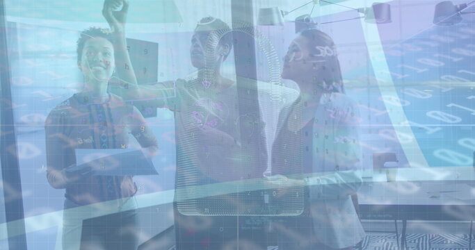 Image of digital padlock and binary code over diverse coworkers in office