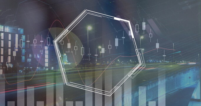 Fototapeta Image of graphs and hexagons over timelapse with night road traffic