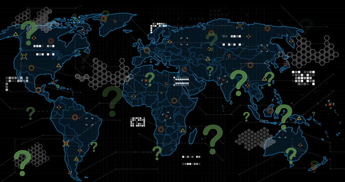 Image of question marks over world map and icons on black background - Powered by Adobe