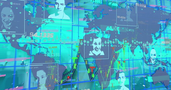 Image of statistics and data processing over globe and world map - Powered by Adobe