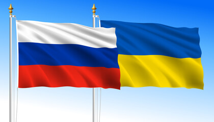 Russia vs Ukraine, waving flags on a sky blue background, illustration