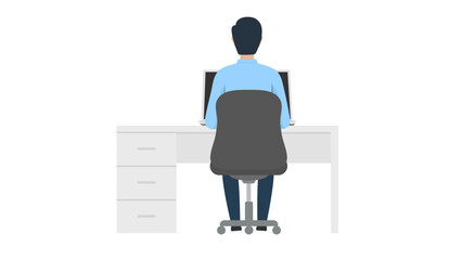 Illustration of a man sitting on an office chair, working on a laptop at a desk with drawers, viewed from behind.