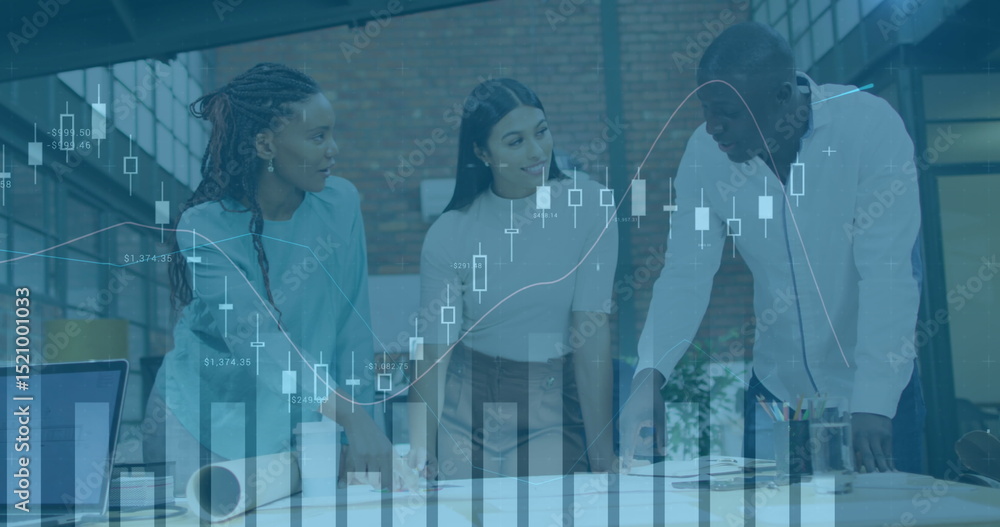 Poster image of statistics and data processing over man using computer and city street