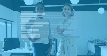 Image of financial data processing over diverse business people in office