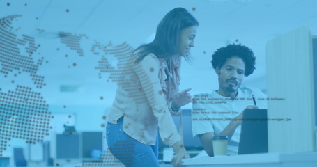 Image of financial data processing and globe over diverse business people in office