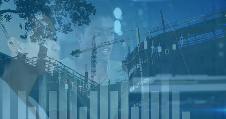 Image of financial data processing and cityscape over diverse business people in office