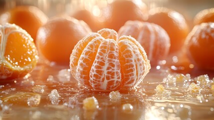 Juicy oranges, some with peel and others peeled to show the shiny segments
