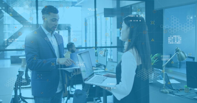 Image of data processing over diverse business people in office