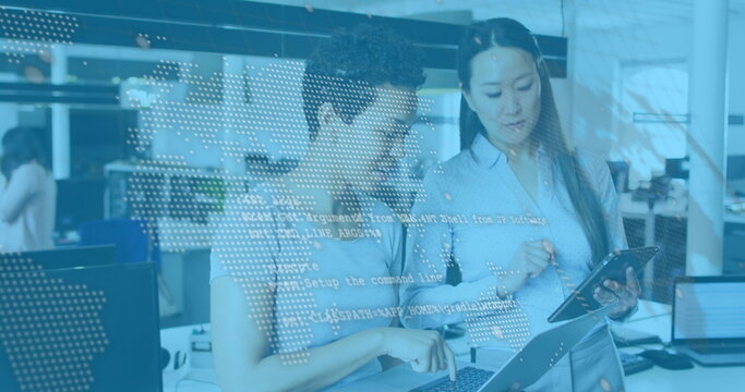 Image of network of connections over business people using phone headsets