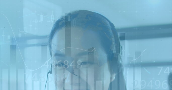 Image of financial data processing and globe over asian businesswoman using phone headset