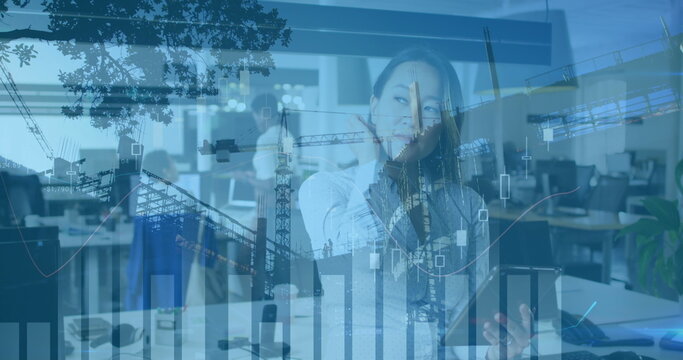 Image of data processing over business people using phone headsets