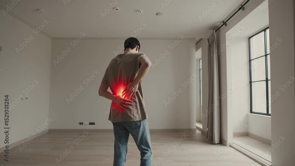 Poster young man experiencing back pain, radiating with red glow, standing in empty room and expressing phy
