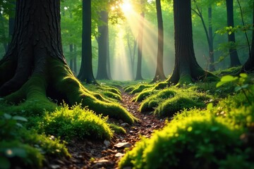 Sunlight dapples the forest floor, illuminating vibrant green moss and ancient trees in a serene woodland scene Perfect for nature, travel, and environmental themes , sun, forest floor
