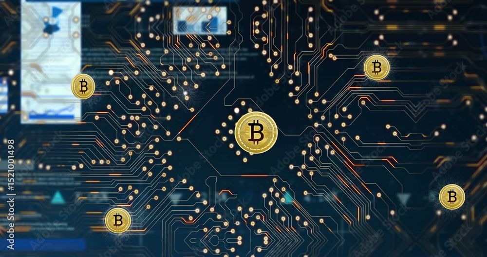 Aufkleber image of data processing and bitcoins on blue background