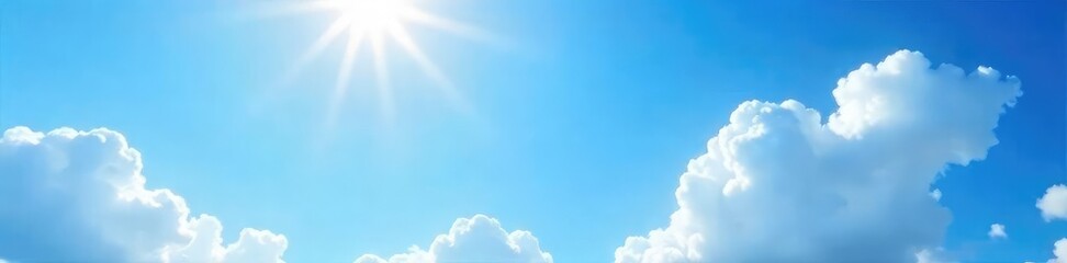 Sunny summer day, vibrant blue sky with fluffy white clouds, bright sunlight illuminating a peaceful landscape Perfect for weather, nature, and travel themes , idyllic, meadow