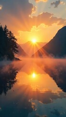Sunrise over a tranquil lake, mist rising, reflecting golden light, symbolic of renewal and hope on a Sunday morning , tranquil, lake, divine